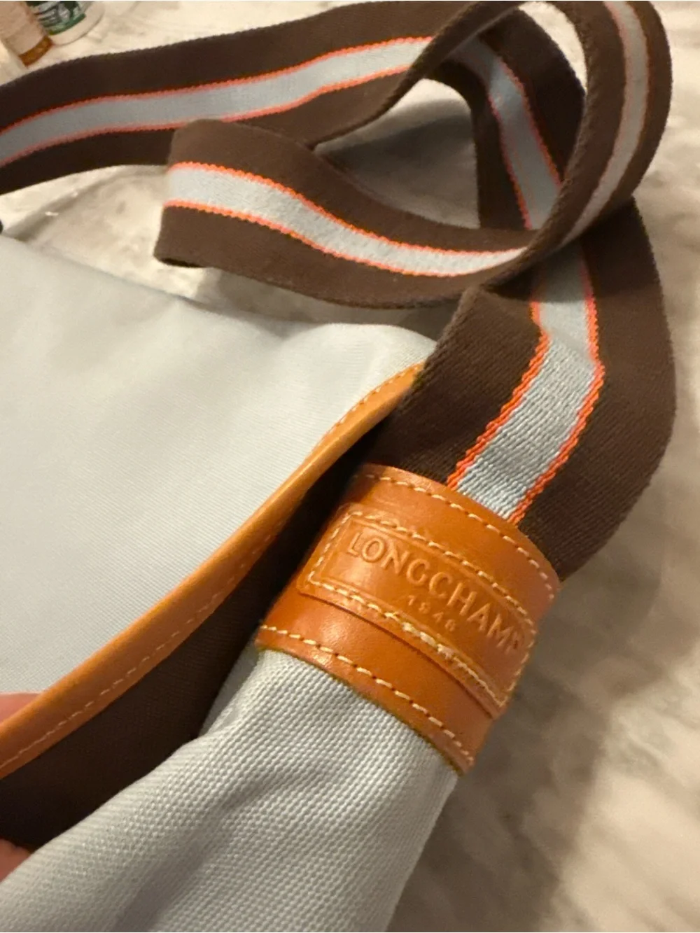 Longchamp Light Blue Satchel with Brown Trim and Striped Strap
